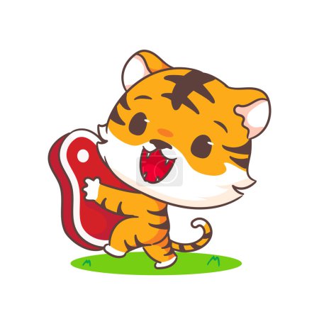 Téléchargez les illustrations : Mignon petit tigre tenant personnage de dessin animé de viande. Adorable conception de concept animal. Illustration d'art vectoriel - en licence libre de droit