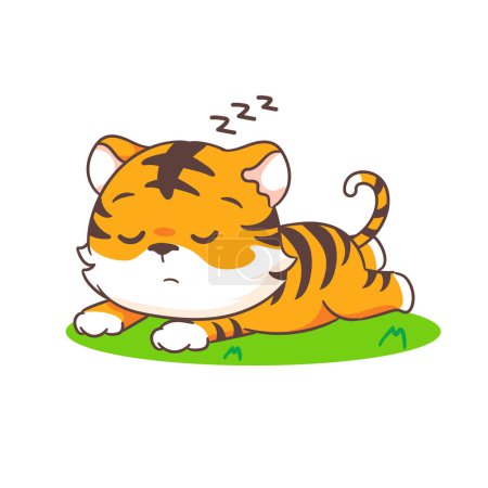 Ilustración de Lindo pequeño tigre durmiendo personaje de dibujos animados. Adorable diseño de concepto animal. ilustración de arte vectorial - Imagen libre de derechos