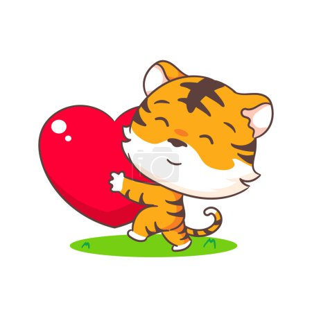 Téléchargez les illustrations : Mignon petit tigre avec coeur d'amour personnage de dessin animé. Adorable conception de concept animal. Illustration d'art vectoriel - en licence libre de droit