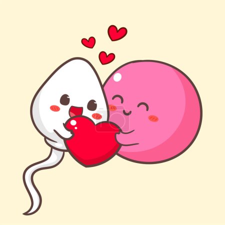Illustration for Cute sperm and egg cell holding love heart cartoon character. Health concept design. Vector art illustration - Royalty Free Image
