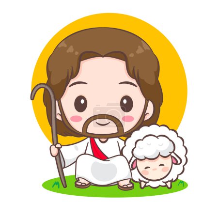Illustration for Cute Jesus Christ and the sheep cartoon. Hand drawn Chibi character isolated white background. Christian Bible for kids. Mascot logo icon vector art illustration - Royalty Free Image