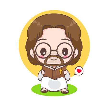 Illustration for Cute Jesus Christ reading the bible cartoon character. Hand drawn Chibi character, clip art, sticker, isolated white background. Christian Bible for kids. Mascot logo icon vector art illustration - Royalty Free Image