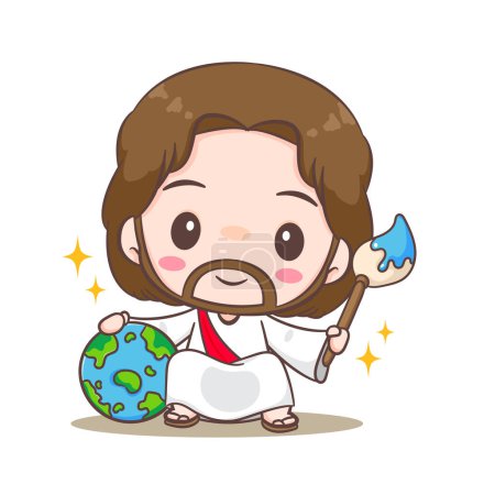 Illustration for Cute Jesus Christ cartoon character creating the earth. Hand drawn Chibi character, clip art, sticker, isolated white background. Christian Bible for kids. Mascot logo icon vector art illustration - Royalty Free Image