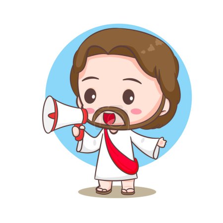 Illustration for Cute Jesus Christ with megaphone cartoon character. Hand drawn Chibi character, clip art, sticker, isolated white background. Christian Bible for kids. Mascot logo icon vector art illustration - Royalty Free Image