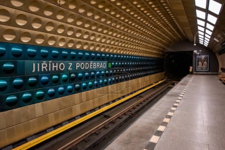 Photo for "The Jiho z Podbrady metro station was put into operation at the end of 1980. The station is a stamped, pillared, three-aisled one with a shortened central tunnel to 34 m, seven pairs of passages to the platform - Royalty Free Image