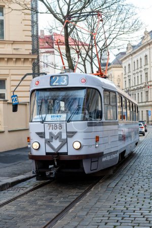 Photo for The commemoration of 50 years since the start of metro operation in our metropolis is symbolized by a new sticker commemorating the ES metro car on tram T3 7188. - Royalty Free Image