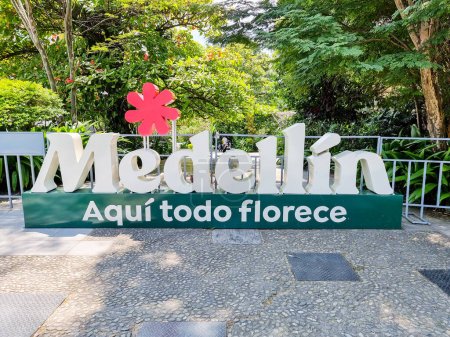 Photo for Colombia, Medellin, June 5, 2023, written Medellin, where everything blooms, in front of the Botanical Garden - Royalty Free Image
