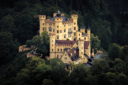 Téléchargez les photos : Château de Hohenschwangau à Fussen, superbe palais néogothique du XIXe siècle et célèbre monument de Bavière, Allemagne. Vue de loin - en image libre de droit