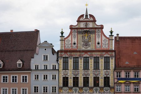Photo for Landsberg am Lech, famous medieval village over the bavarian romantic road. Detail of the town hall facade with colorful houses - Royalty Free Image
