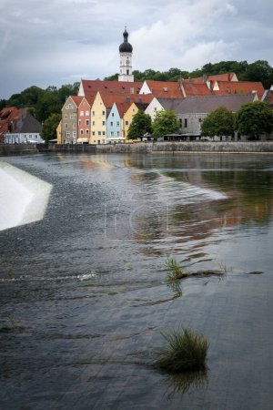 Photo for Landsberg am Lech, famous medieval village over the bavarian romantic road. Detail of the river shore with colorful houses - Royalty Free Image