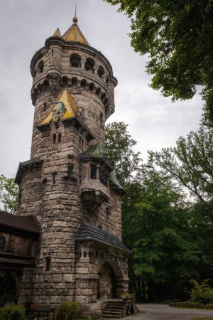 Photo for Landsberg am Lech, famous medieval village over the bavarian romantic road. Detail of the Mutternturm, important landmark and monumental neo gothic tower - Royalty Free Image