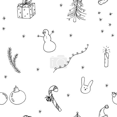 Foto de Año Nuevo dibujado a mano patrón sin costuras con muñeco de nieve, regalos, conejito y nieve - en blanco - Imagen libre de derechos
