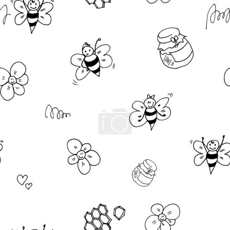 Foto de Linda abeja sonriente con miel y flores - blanco y negro dibujado a mano patrón sin costuras - Imagen libre de derechos