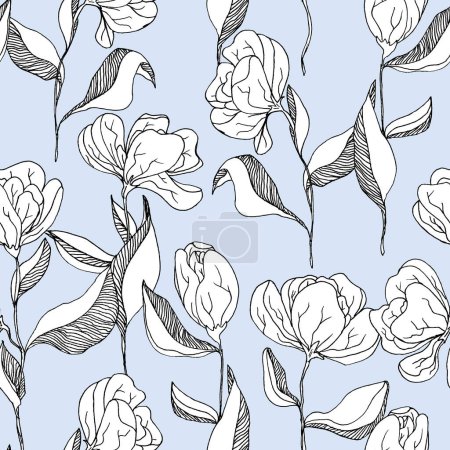 Foto de Grandes flores de colores blanco y negro con follaje - patrón sin costura dibujado a mano sobre fondo azul claro - Imagen libre de derechos