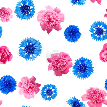 Foto de Patrón sin costuras de peonía rosa y flores de aciano aisladas sobre fondo blanco - Imagen libre de derechos