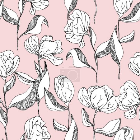 Foto de Colores grandes en blanco y negro flores con follaje - patrón sin costuras dibujado a mano sobre fondo rosa claro - Imagen libre de derechos
