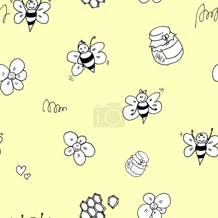 Foto de Linda abeja con miel y flores - blanco y negro dibujado a mano patrón sin costuras en color amarillo - Imagen libre de derechos