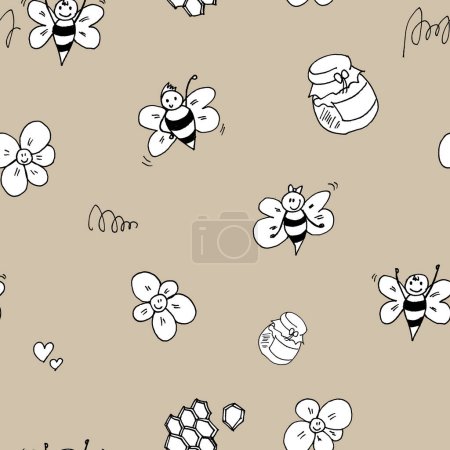Foto de Linda abeja con miel y flores - blanco y negro dibujado a mano patrón sin costuras en color marrón - Imagen libre de derechos