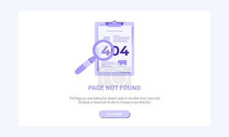 Illustration for Page not found banner template. Design template for web page with 404 error. Flat illustration of clipboard with magnifying glass and document with pics and on purple background - Royalty Free Image