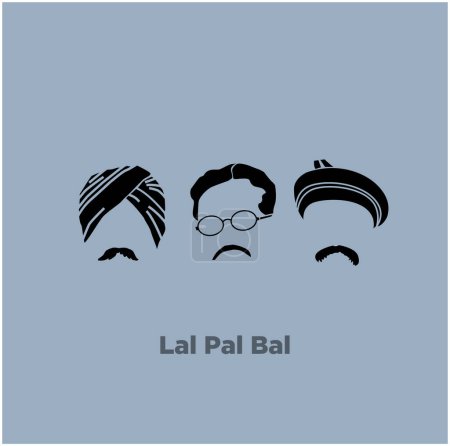 Illustration for Lala Lajpat Rai, Bipin Chandra Pal, and Bal Gangadhar Tilak (Freedom Fighter of India) face vector icons. Lal, Bal, Pal movements. - Royalty Free Image