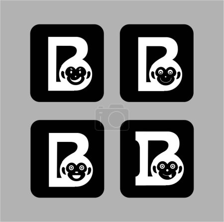 Illustration for B letters with different monkey face expressions monogram. B monkey icon. - Royalty Free Image