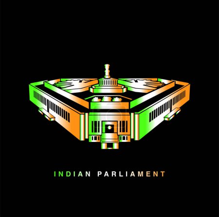 Ilustración de El edificio del Parlamento de la India está decorado con un icono de color de la bandera india. - Imagen libre de derechos