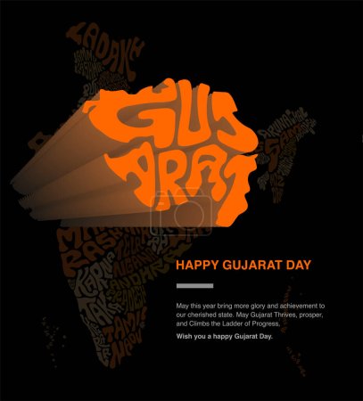 Illustration for Gujarat Day greetings vector creative. Gujarat map lettering post with greeting message. - Royalty Free Image