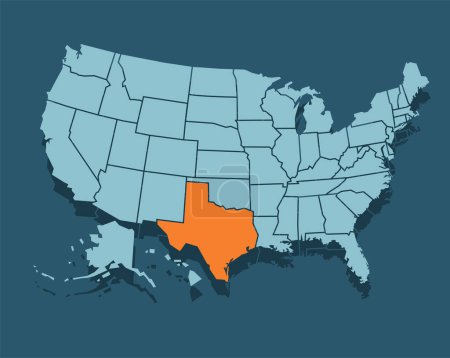 Ilustración de Mapa vectorial de EE.UU. con prominencia de mapa de Texas. - Imagen libre de derechos