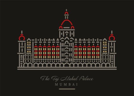 Taj Hotel building in Mumbai vector line illustration.