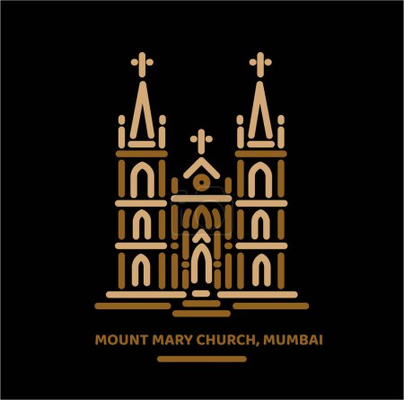 Mount Mary Church in Mumbai building vector line illustration icon with colors.