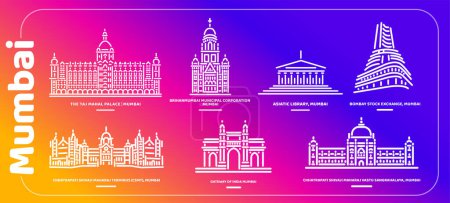 Mumbai monumentos edificio ilustración conjunto de iconos.