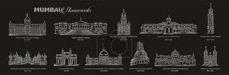 Set von Mumbai-Denkmälern in silbernen Linien Vektor-Symbole.