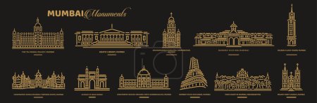 Set of Mumbai Monuments in golden lines vector icons.