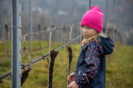 A child stands among vineyards and a beautiful landscape.