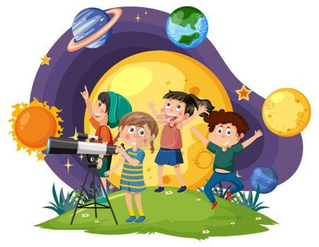Niños observando planetas con ilustración de telescopio