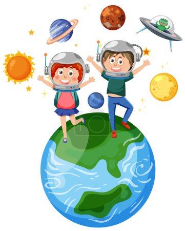 Kinder sitzen auf der Erde in Astronomie Thema Illustration