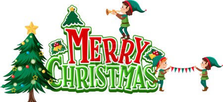 Foto de Feliz texto de Navidad con elfos ilustración personaje de dibujos animados - Imagen libre de derechos