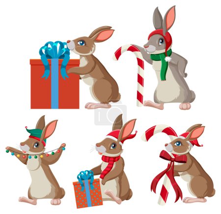 Téléchargez les photos : Lapins isolés dans l'illustration de thème de Noël - en image libre de droit