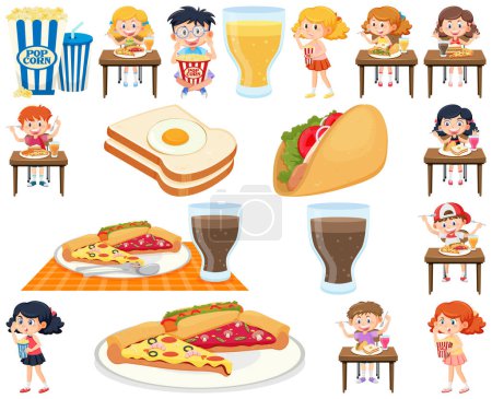 Illustration for Set of different junk foods and kids illustration - Royalty Free Image