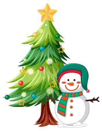 A snowman under Christmas tree illustration