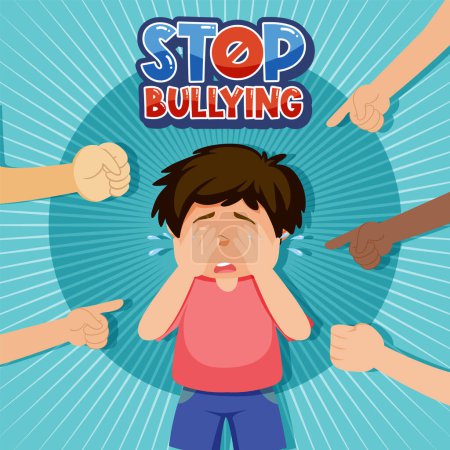 Stop Bullying text with kid surrounded by pointing fingers illustration