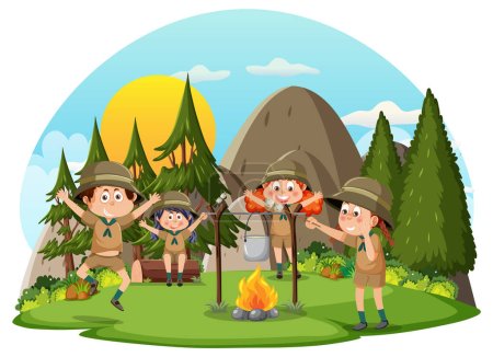 Téléchargez les illustrations : Children camping out forest scene illustration - en licence libre de droit