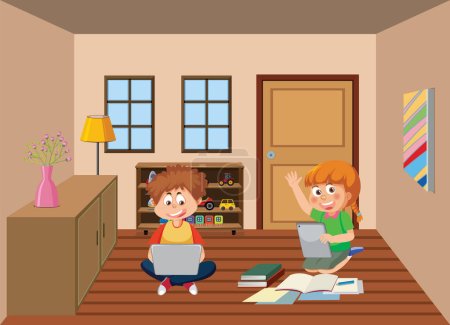 Niños aprendiendo en línea en casa ilustración