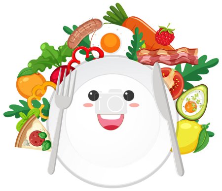 Illustration for Plate smiling with many foods illustration - Royalty Free Image