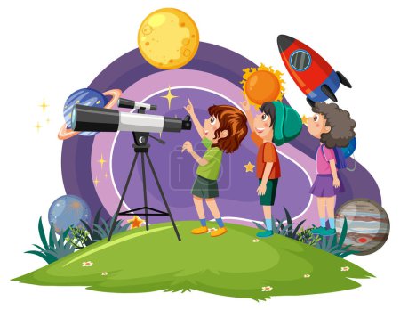 Enfants observant le ciel avec une illustration de télescope