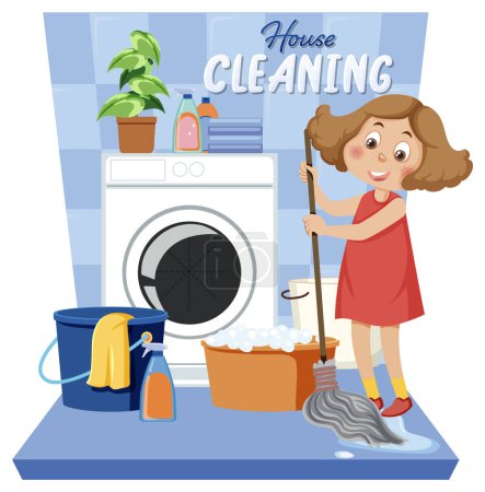 Téléchargez les illustrations : Dessin animé fille faire la lessive avec machine à laver illustration - en licence libre de droit