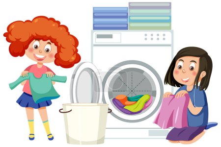 Téléchargez les illustrations : Deux enfants faisant la lessive ensemble illustration - en licence libre de droit