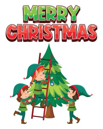 Illustration for Merry Christmas text with elves cartoon character illustration - Royalty Free Image