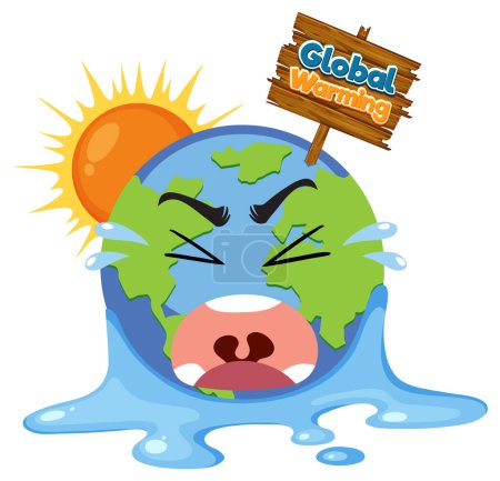 Téléchargez les illustrations : Pleurer la terre avec illustration de panneau de réchauffement climatique - en licence libre de droit