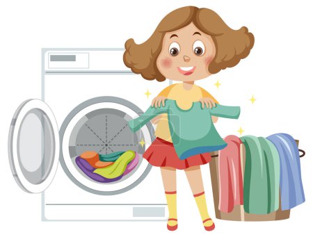 Téléchargez les illustrations : Dessin animé fille faire la lessive avec machine à laver illustration - en licence libre de droit